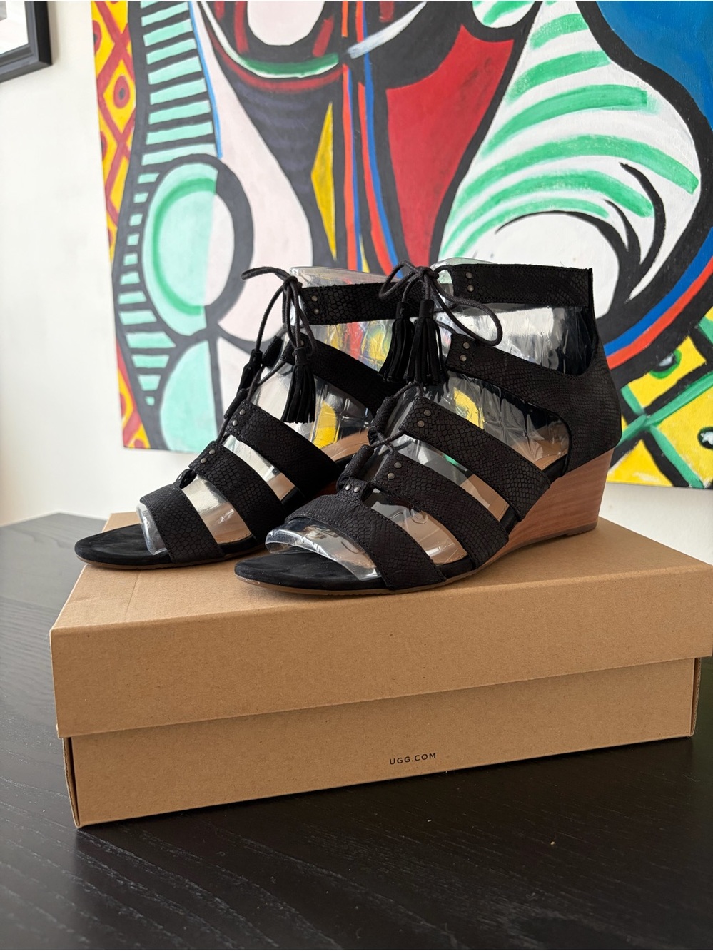 UGG Black Lace-Up Wedge Sandals – Tassel Gladiator Style 9US